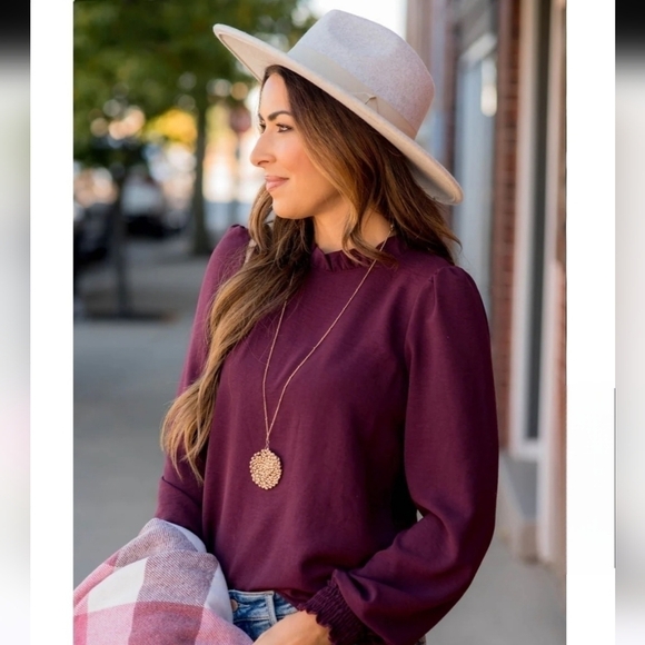 New Look Burgandy Mock Ruffle Neck Shirred Hem Blouse Size 8 - Picture 1 of 11